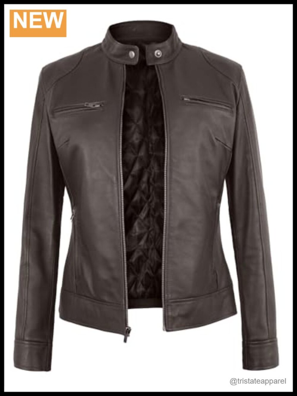Women Real Lambskin Leather Cafe Racer Moto Jacket Zip Front